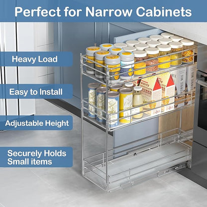 ROOMTEC Pull Out Spice Rack for Narrow Cabinet (7" W X 20½" D),3 Tier Heavy Duty Sliding Spice Cabinet Organization Shelf Racks, Pull Out Shelves Under Cabinet Storage for Kitchen