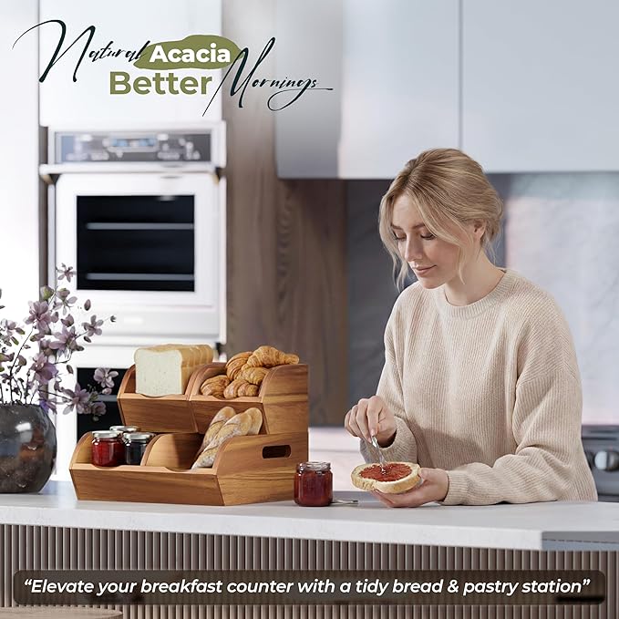 Acacia Wood Pantry Storage Bins - Stackable Open Front Kitchen Baskets for Potato, Onion, Fruit, Vegetable, and Bread Storage, Wood Organizer for Pantry (Warm Acacia)
