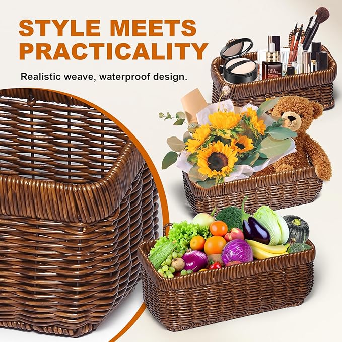 3 PCS Wall Mounted Woven Basket, Boho Kitchen Hanging Basket, Wall-Mounted Planters Holder With Hooks, Storage Boxes For Home Decor, Porche, Indoor And Outdoor, Cafe, And Offices(Brown-Set)