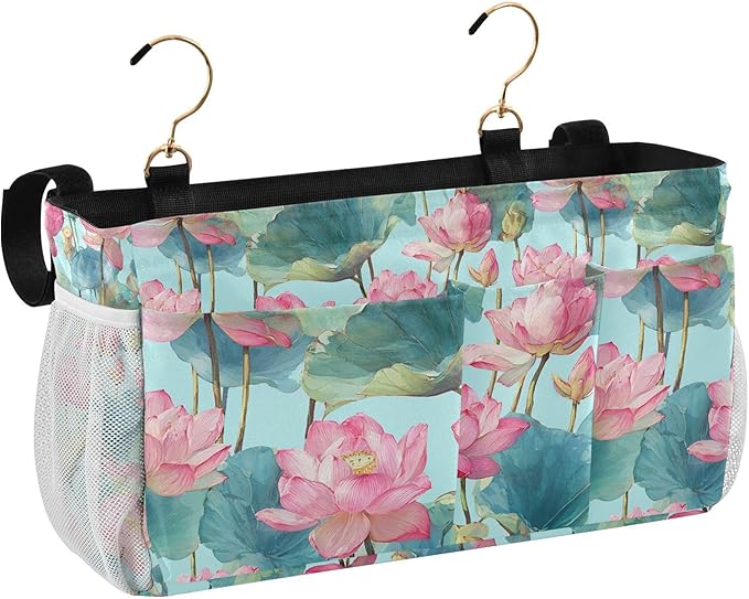 CuwrYet Bedside Caddy Hanging Bunk Bed Caddy Bed Organizer Hanging Pocket with 2 Hooks Bedside Storage Organizer Pocket Bag Holder Pastel Lotus Leaf Stem Floral
