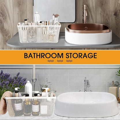 4 Pcs Metal Wire Basket with Wooden Handles Mesh Steel Storage Organizer Bin Containers for Home Organizing Cabinet Pantry Closet Kitchen Fridge Fruit Makeup Snacks Gifts(Large,Cream White)
