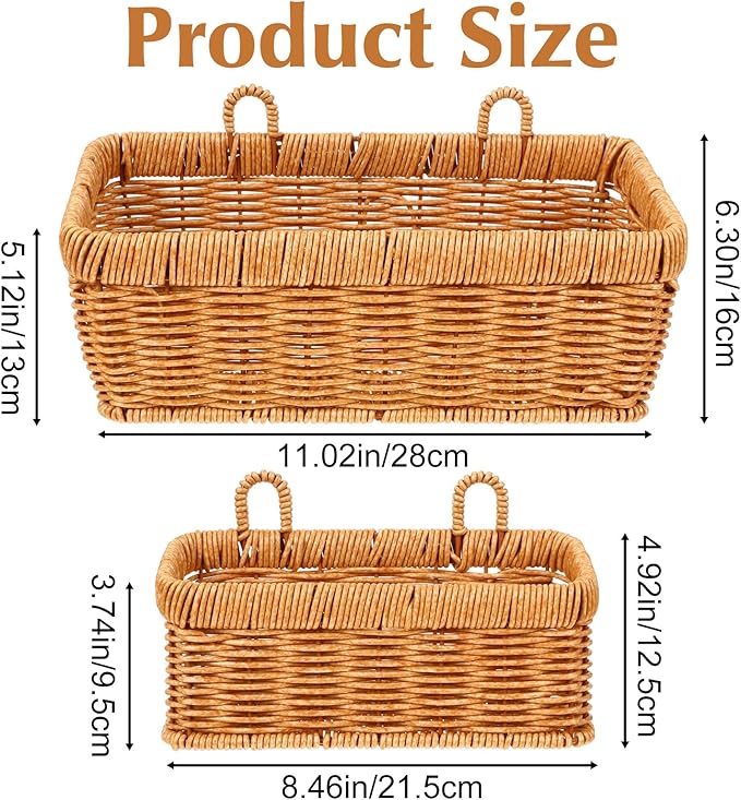 2 Pcs Wall Hanging Basket Wall Mount Pantry Fruit Basket Boho Style Decor Storage Baskets Adhesive Bathroom Cabinet Organizer for Bathroom Kitchen Garden Living Room with 4 Hooks