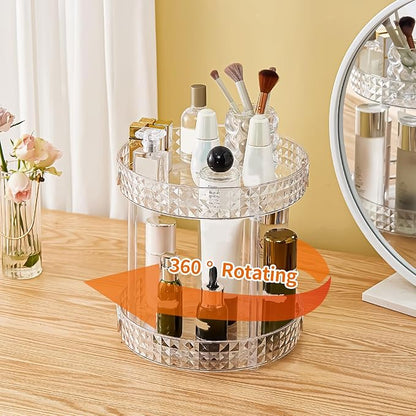 Xonusin 360° Rotating Makeup Organizer, 2 Tier Large Perfume Organizers with Portable Handle for Vanity Bathroom Countertop, Bathroom Counter Organizer for Cosmetics Skincare Perfume