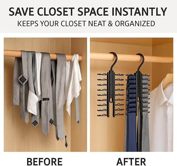 LEYDT Tie Hanger for Men – 2 Pack Space-Saving Tie Organizer for Closet – Durable Plastic Scarf & Belt Hanger – 20-Tie Capacity Rack, Black – Closet Organizer for Ties, Scarves & Accessories