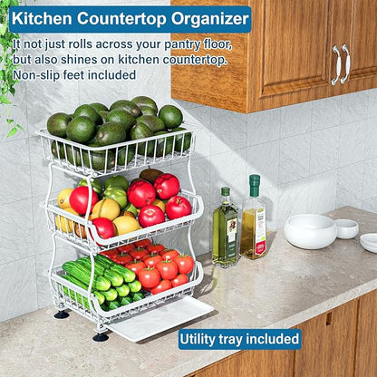 3-Tier Rolling Pantry Floor Organizer and Storage Cart with Wheels, Stackable Wire Pantry Baskets for Pantry Shelves, Kitchen Storage Rack and Fruit Basket Stand for Fruit Snack Onion Potato