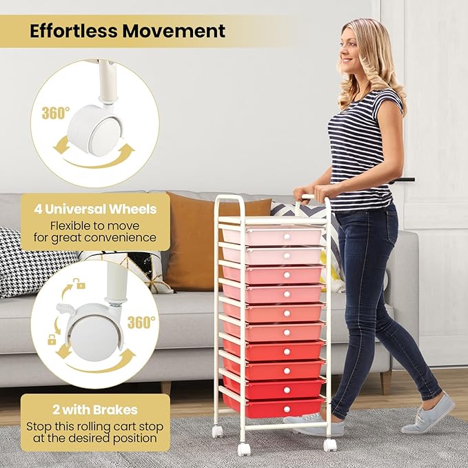 MAT EXPERT 10 Drawer Rolling Storage Cart, Multipurpose Utility Cart w/Plastic Drawers & Universal Casters, 10 Tier Mobile Organizer Cart for Office Home Classroom Beauty Salon