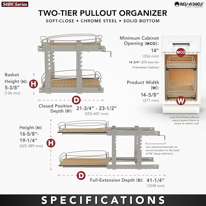 Rev-A-Shelf 2 Tier Pull Out Kitchen Cabinet Storage Organizer with Solid Bottom & Undermount Soft-Close Full Extension Slides, 54BK-15SC-2-1