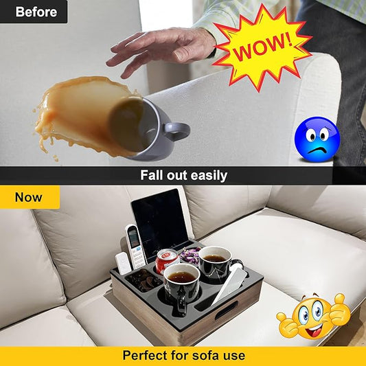 KindGa Couch Cup Holder, Waterproof Anti-Spill Couch Drink Holder for Snacks Beverage Remote, Food Grade Silicone Wooden Couch Caddy for Bed Car Seat Beach Tray (Black)