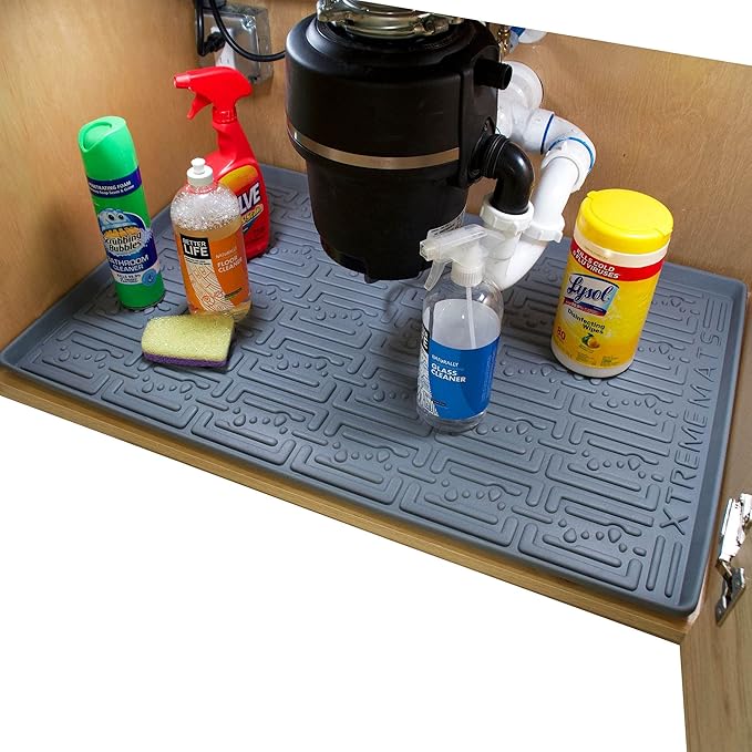 XTREME MATS Waterproof Undersink Mat (Gray 25" 1/4 x 22 1/4) Cabinet Base Liner for Kitchen & Laundry Cabinets Catches Leaks Prevents Damage Flexible Sink Driptray