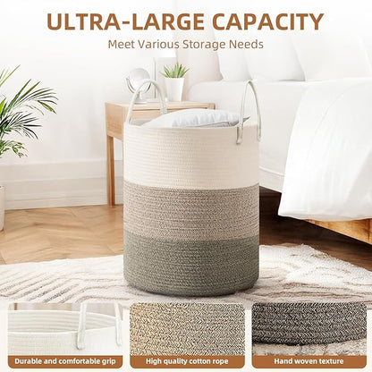 Cotton Rope Basket,Large Blanket Basket for Living Room,Woven cotton rope laundry baskets，For Bathroom Dirty Clothes ，Nursery Toys，pillow storage organization, 80L,Brown and white.