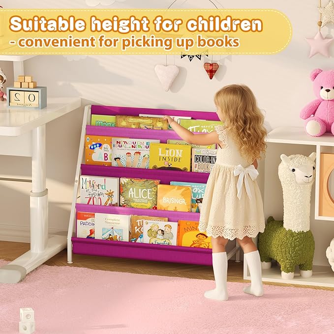 Kids Bookshelf for Kids Rooms, 4-Tier Montessori Bookshelf,Nursery Book Shelves,Pink Toddler Bookshelf, Metal Kid's Book Storage Organizer for Girls Room Furniture Playroom Kindergarten