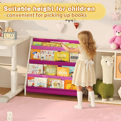 Kids Bookshelf for Kids Rooms, 4-Tier Montessori Bookshelf,Nursery Book Shelves,Pink Toddler Bookshelf, Metal Kid's Book Storage Organizer for Girls Room Furniture Playroom Kindergarten
