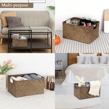 Hipiwe Seagrass Storage Basket for Shelf Organizing, Opened Baskets Bin Handwoven Wicker Baskets Rectangular Decorative Basket Multipurpose Closet Bedroom Organizer Bin Box with Handle, Small