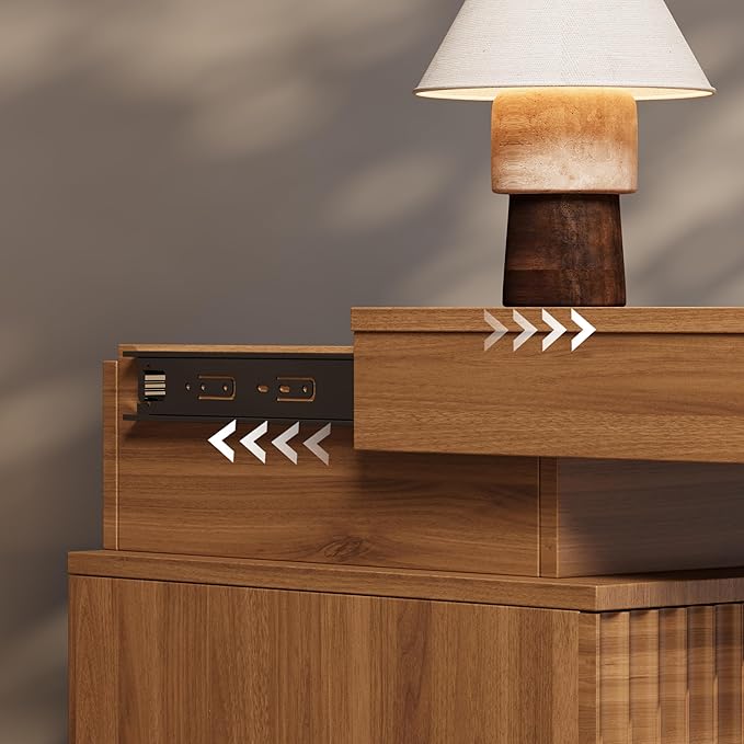 BOXACTION Nightstand Set of 2 for Bedroom, LED Nightstand with 3 Drawers and Charging Station, Mid Century Modern Fluted Nightstands, Bedside Tables & End Tables, Walnut