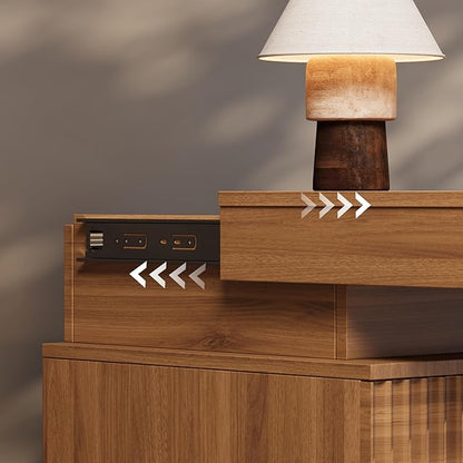 BOXACTION Nightstand Set of 2 for Bedroom, LED Nightstand with 3 Drawers and Charging Station, Mid Century Modern Fluted Nightstands, Bedside Tables & End Tables, Walnut