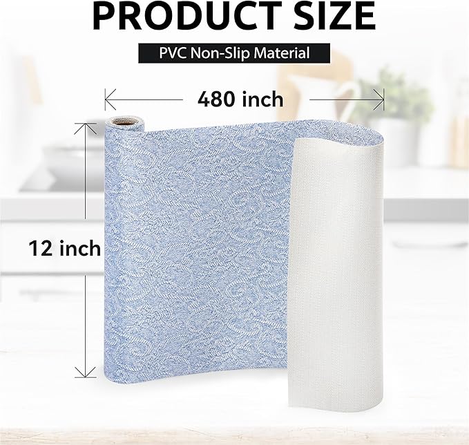 FIFTY FEET 12X480 Inch Shelf Liner with Scissor & Tape Measure for Kitchen Cabinets, PVC Drawer Liner for Dresser Non-Slip Bathroom, Non-Adhesive Cabinet Liner Washable (Pale Blue)