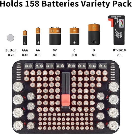 Battery Organizer Box Storage Case with Tester, Batteries Vault Holder Bag Container for 158+ Batteries Variety Pack AA AAA AAAA C D 9V 3V Lithium LR44 CR2 CR123 CR1632 18650 (Black)