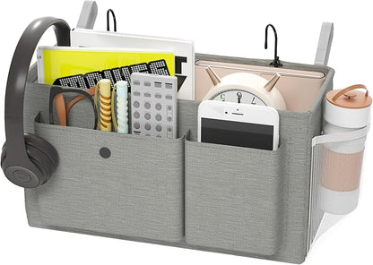 Edudif Bedside Caddy Bedside Organizer with Fixed Straps & Water Bottle Holder, Bunk Bed Caddy ideal for Home, Dorm, Hospital, Crib, Versatile Bedside Storage Solution (Grey)