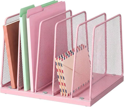 Small Desk File Organizer, 5-Section Upright File Sorter, Vertical File Folder Holder, Mesh Metal Wood Office Desktop Organization for Document, Magazine, Books and more (Pink)