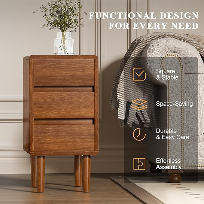 Nightstand with 3 Drawers Narrow Night Stand Solid Wood Bedside Table Mid Century Modern Nightstand Wooden End Table for Bedroom, Living Room, Study, Office