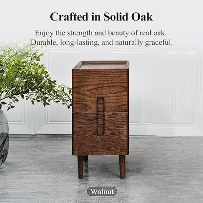 Cttasty Mid Century Modern Nightstand, Narrow Nightstand, Minimalist Side Table for Bedroom, 2-Drawer Bedside Tables (Walnut, 9.84inches)