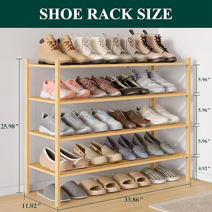 Smiry Long Bamboo Shoe Rack 4-Tier, Stackable Wooden Shoe Organizer for Entryway & Closet, Free Standing Wood Shoe Storage Shelf for Front Door & Small Spaces, Natural