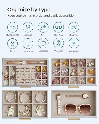 SONGMICS Jewelry Box Organizer with Glass Lid, 4-Layer Jewelry Storage, with 3 Drawers, Modern Style, 6 x 9.9 x 8.5 Inches, Smoky Blue and Gold Color UJBC161Q01