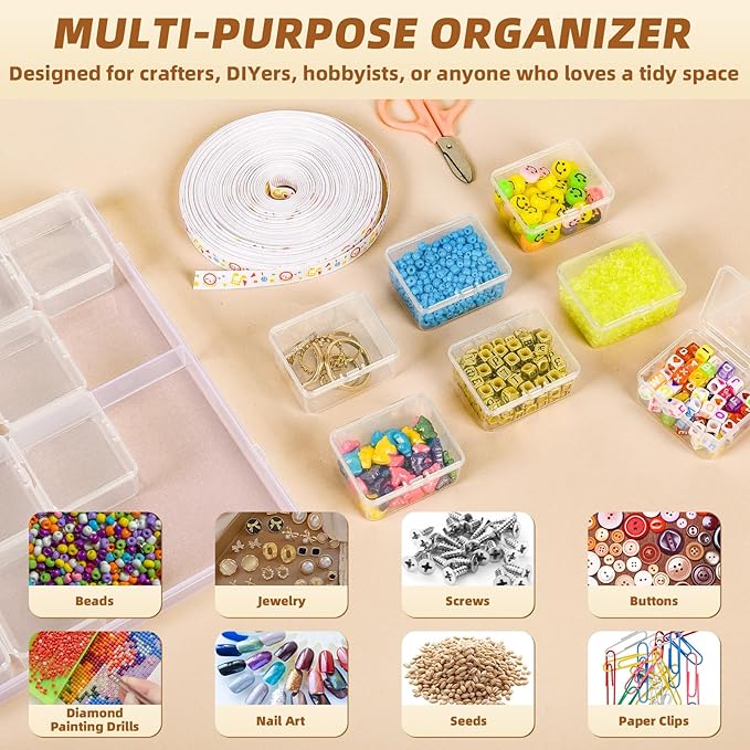 Cokapo Bead Organizer Box, 32 Pcs Small Clear Bead Organizers and Storage, Plastic Storage Containers with Hinged Lids and Labels for DIY Jewelry, Diamond Art, Small Parts, Crafts, Bracelet, Nail Art