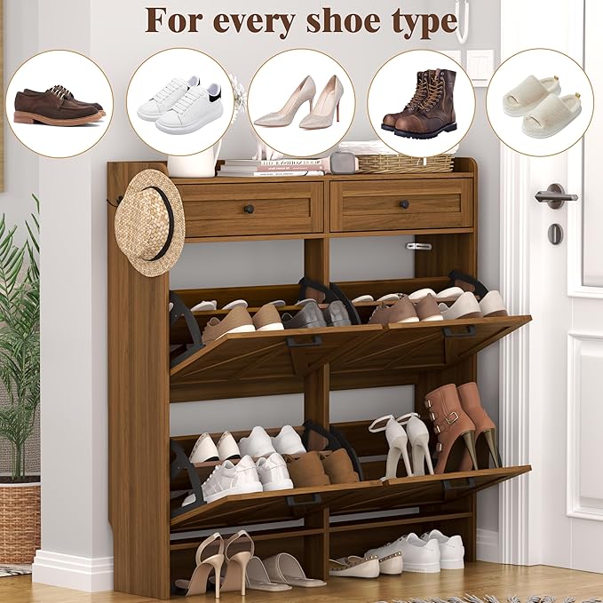 Shoe Cabinet with 4 Flip Drawers & 2 Storage Drawers, Rustic Farmhouse Narrow Shoe Organizer Cabinet, Slim Shoe Rack Cabinet, Shoe Storage Cabinet for Entryway, Hallway, Front Door