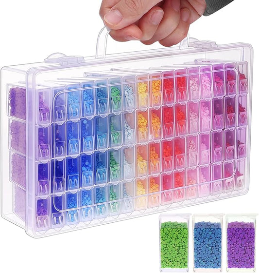 SGHUO 64 Grid Diamond Painting Storage Containers Diamond Art Accessories Tool Box Craft Storage with Adjustable Dividers for Beads, Art DIY, Crafts, Jewelry, Plastic Organizer with Label Stickers