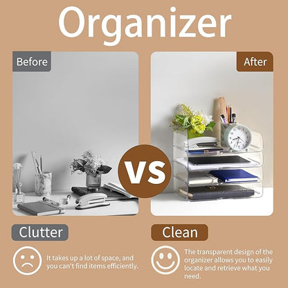 4-Tier Large-Capacity Paper Organizer, Clear Stackable Desk Organizer & Acrylic Paper Tray, Transparent & Easy Access,Desk File Organizer for Home Office & School