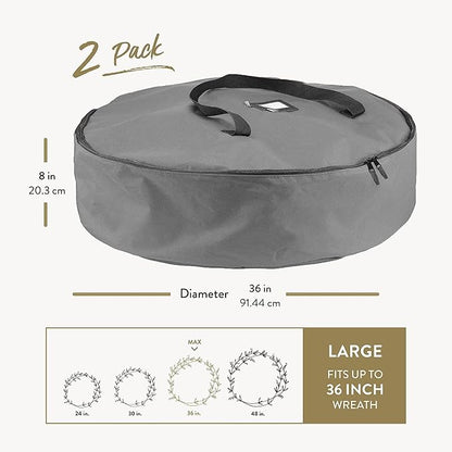 ZOBER 2 Pack Oxford Christmas Wreath Storage Container 36 Inch - Wreath Bag for Artificial Wreaths Box - Waterproof Fabric, Dual Zippered Wreaths Storage Bag With Strong Durable Handles - Gray