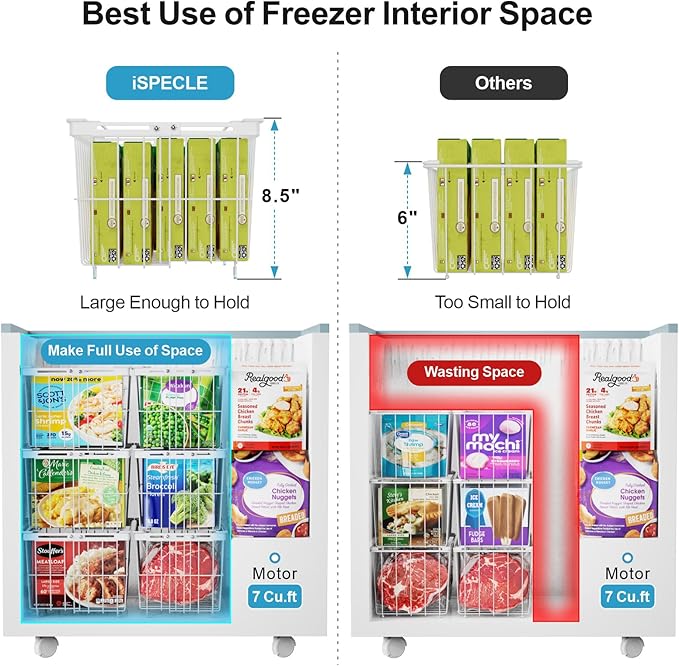 iSPECLE Chest Freezer Organizer Bins - Fit 5 to 9 Cu.FT, 6 Pack Large Adjustable Freezer Organizer Bins for Deep Freezer, Easy Access & Stackable Chest Freezer Organizer Hold More Food, White