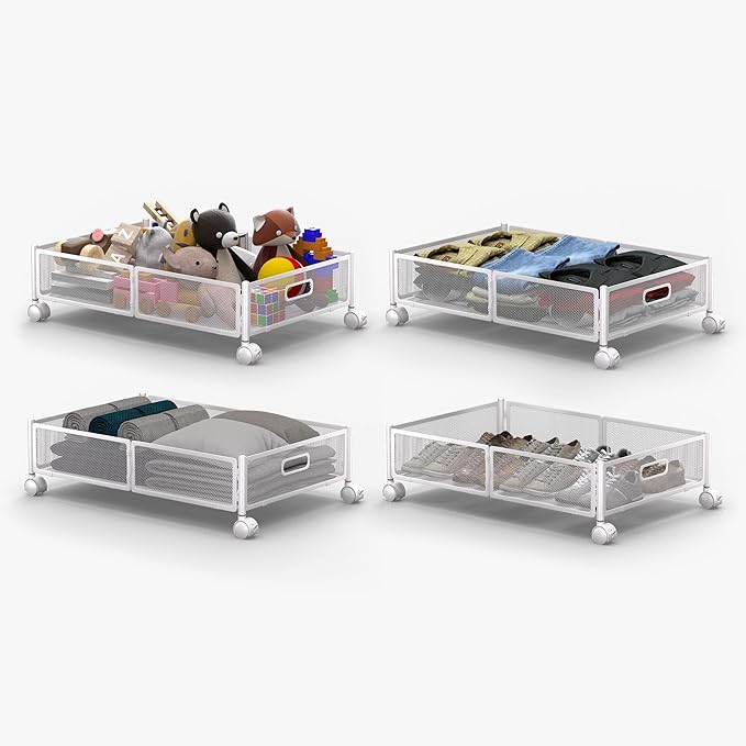 Yeebonix Under Bed Organizer, Storage Bins Under Bed, 60L Underbed Storage Bins for Bedroom Clothes Shoes Blankets (White, 4 Pack)