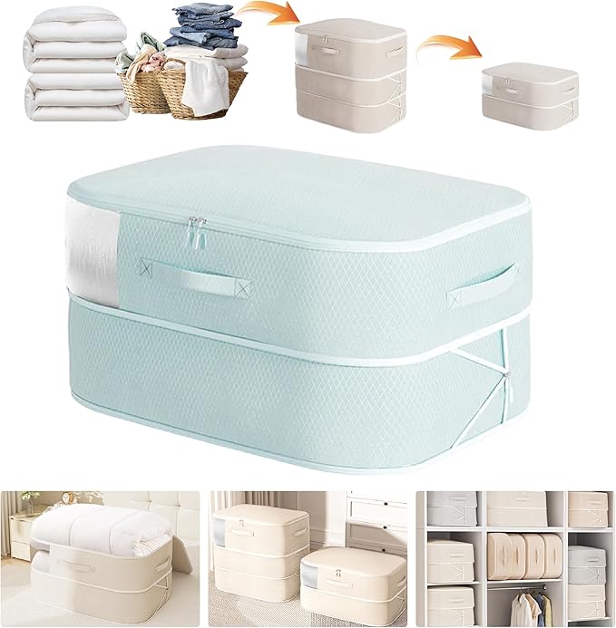 Compression Storage Bags for Bedding, 68L Ultra Space Saving Self Compression Organizer with Transparent Window, Used for Storing Comfortable Blankets,Bedding,Pillows,Clothes (Blue 21x16x11 in)