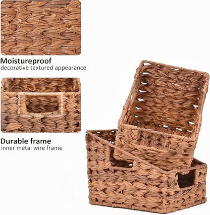 GRANNY SAYS Wicker Storage Baskets for Shelves, Trapezoid Woven Basket with Handles, Waterproof Storage Wicker Baskets for Organizing Pantry Cabinet, Caramel Orange, 2-Pack