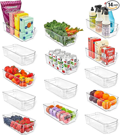 Lifemaster Multi-purpose Refrigerator Bins - 14 pieces Usable and Stackable Design Fridge Bin Organizer with Easy Grip Handles - Clear