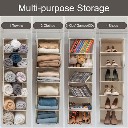 StorageWorks 6-Shelf Hanging Closet Organizer, Hanging Shelves for Closet, Fabric, Mixing of Beige, White & Ivory, 12" D x 12" W x 47 1⁄2" H