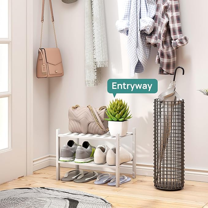 White Small Shoe Rack for Entryway,2-Tier Bamboo Shoe Organizer for Hallway Closet, Free Standing Shoe Racks for Indoor Outdoor