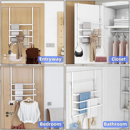 Over The Door Towel Rack, Over Door Towel Racks for Bathroom Door with 5 Hooks, 3 Tier Towel Storage Hanger Holder for Bathroom Accessories, 16 Inch Towel Bar for Hanging Towels, White
