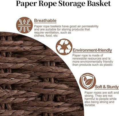 OIAHOMY Pantry Baskets for Organizing, Paper Rope Baskets with Built-in Handles, Wicker Storage Bins for Shelves, 2 Pack-Brown