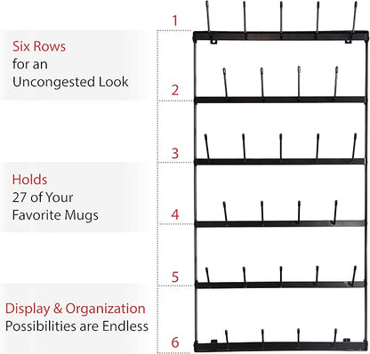 Wall Mounted Coffee Mug Rack - Large Rustic Black Iron Steel Kitchen Rack with 6 Rows - Storage for 27 Cups - Jar & Plate Holder - Vertical Display Organizer - Farmhouse Home Décor - Claimed Corner