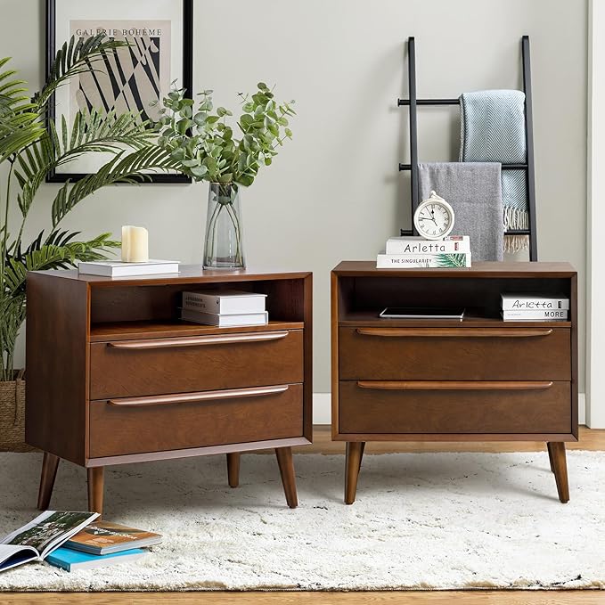 HULALA HOME End Table with Charging Station, Mid-Century Modern 2 Drawer and Open Shelf, Fluted End Table（Walnut, Set of 2）