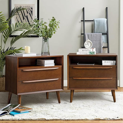 HULALA HOME End Table with Charging Station, Mid-Century Modern 2 Drawer and Open Shelf, Fluted End Table（Walnut, Set of 2）