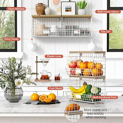 White Fruit Storage Basket for Kitchen Counter Set of 2, Wall Mount Wire Fruit Basket with Shelf with Banana Hanger, Hanging Countertop Organizer for Bathroom Pantry Cabinet, White + Natural