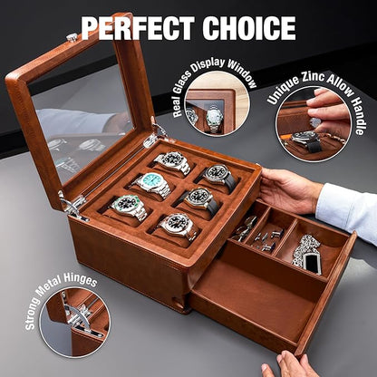 Awesometik 6 Slot LUXURY Faux Leather Watch Box Organizer. Real Glass Top. Watch Display & Watch Holder for Men. Watch Collection, Protection. For Men Ready to Gift (6 Slot Watch Box with Drawer)