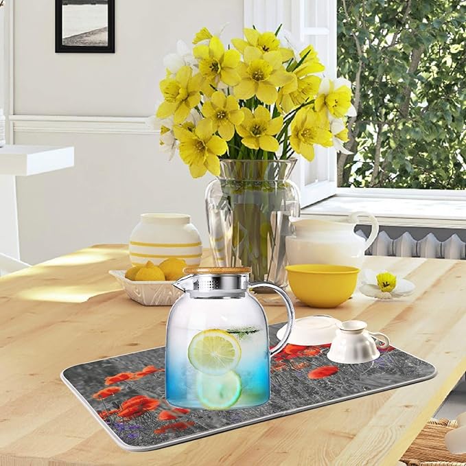 ZzWwR Beautiful Meadow Red Poppy Flowers Absorbent Dish Drying Mat Microfiber Kitchen Countertop Table Protector Multi-Purpose Counter Rack Sink Drainer Pad (16" x 18")