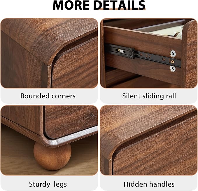 AVZEAR Wooden Night Stand wth 3 Drawer Dresser Mid Century Modern End Table Chest of Drawers, Solid Wood Legs & Curved Profile Design, Farmhouse Side Table for Living Room, Walnut