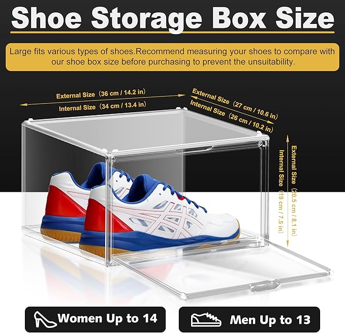 3BBYJL 12 Pack Plastic Shoe Storage Boxes Fit US Size 13, Clear Stackable Shoe Display Case with Acrylic Magnetic Side Door, Shoe Containers for Sneaker Storage, Hats, Figure, Collectible