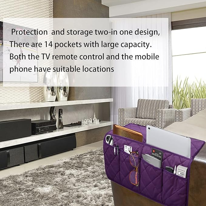 Benuomi Sofa Armrest Organizer Waterproof Armchair Caddy Remote Control Holder for Recliner Non Slip Recliner Organizer Chair Arm Organizer with 14 Pockets for TV Remotes, Books, Magazines, iPad